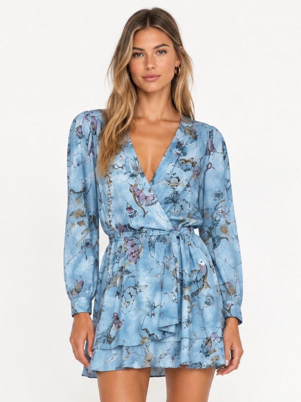 738$ Zadig and Voltaire Light Blue Floral Wrap Mini Dress